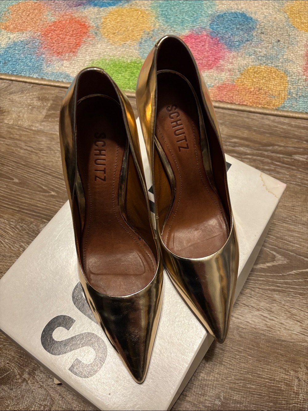SCHUTZ Metallic Gold Pointed-Toe Stiletto Pumps - Picture 2 of 6